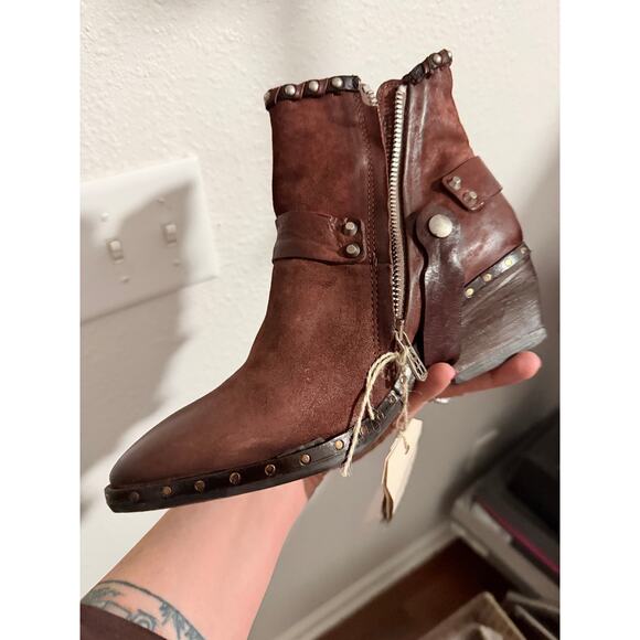 A.S.98 Distressed Brown Leather Studded Ankle Boots - Picture 3 of 6